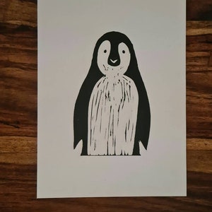 Penguin Lino Print | Animal Passport Original Linocut Print in Black and White | 193mm by 280mm Lino Print | Handmade Print