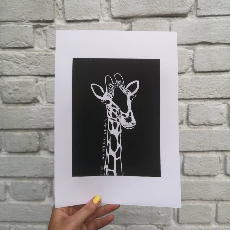 Giraffe Lino Print Animal Passport Original Linocut Print in Black and White Handmade Print 15cm by 20cm Lino Print