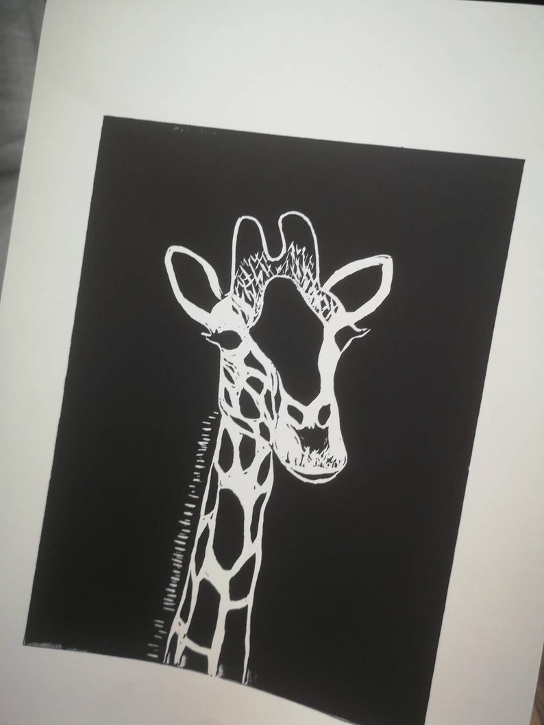 Giraffe Lino Print Animal Passport Original Linocut Print in Black and White Handmade Print 15cm by 20cm Lino Print