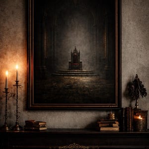 May include: A framed digital art print depicting a throne room with a regal throne. The image is dark and moody, with a focus on the throne. The words "DIGITAL DOWNLOAD" are at the bottom of the frame. Two lit candles are on the left.