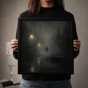 May include: A framed print depicting a dark, atmospheric scene of a figure walking down a wet road at night. The image is dominated by muted tones of gray and black, with streetlights illuminating the path and a car parked on the side.