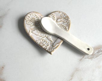 Handmade Heart Ceramic Trinket Dish: Flower Embossed Jewelry Holder