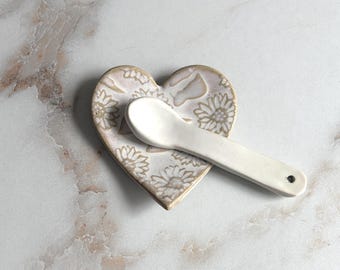 Handmade Heart Ceramic Trinket Dish: Flower Embossed Jewelry Holder
