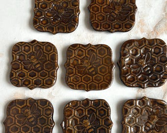 Handmade Bee Ceramic Trinket Dish: Honeycomb Design