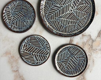 Handmade Ceramic Leaf Design Serving Set: Condiment serving Tapas Set Of 4 Plates