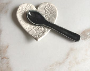 Handmade Heart Ceramic Trinket Dish: Flower Embossed Jewelry Holder