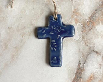 Handmade Blue Flower Design Ceramic Cross Ornament: Classy Clay Decoration