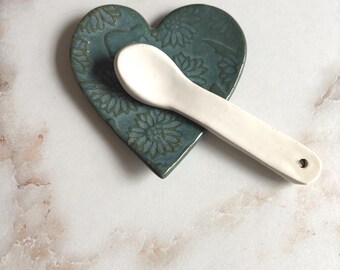 Handmade Heart Ceramic Trinket Dish: Flower Embossed Jewelry Holder Spoon Rest Valentine's Gift