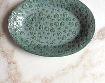 Dog Paw Embossed Ceramic Dish: Teal Handmade Jewelry Bowl
