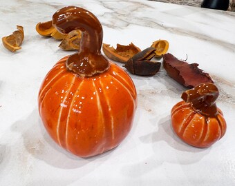 Handmade Orange Glazed Ceramic Pumpkin Set, Fall Halloween Decorations (2 Piece) # 14