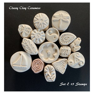 15  Pottery Stamps, Handmade Bisque Stamps, Ceramic Clay Stamps, Polymer Clay Pottery Stamps Set E Ready To Ship