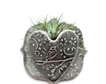 Gray Bird embossed Ceramic Wall Pocket Planter: Small Heart Vase
