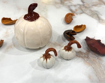 Handmade White Glazed Ceramic Pumpkin Set, Fall Halloween Decorations (3 Piece) # 26
