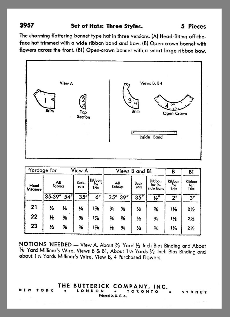 Misses/' Hat Vintage Butterick Charming Bonnet Type Hats Fabric Sew Pattern # 3957 Reprint Copy