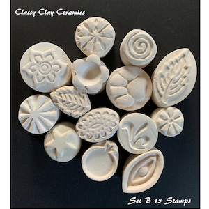15 Pottery Stamps, Handmade Bisque Stamps, Ceramic Clay Stamps, Polymer Clay Pottery Stamps Set - B- Ready To Ship