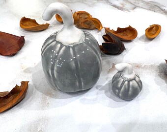 Handmade Gray Glazed Ceramic Pumpkin Set, Fall Halloween Decorations (2 Piece) # 19