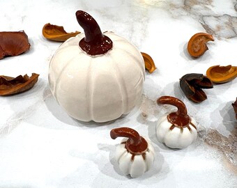 Handmade White Glazed Ceramic Pumpkin Set, Fall Halloween Decorations (3 Piece) # 27