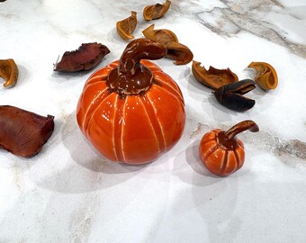Handmade Glazed Ceramic Pumpkin Set, Fall Halloween Decorations (2 Piece) # 11
