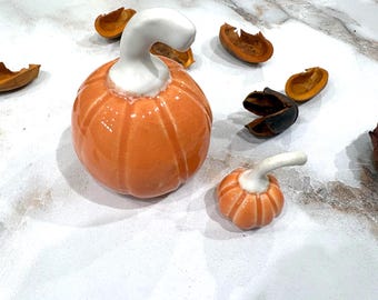 Handmade Tangelo Glazed Ceramic Pumpkin Set, Fall Halloween Decorations (2 Piece) # 22