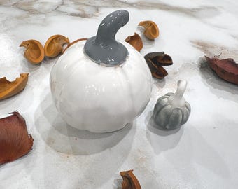 Handmade White Glazed Ceramic Pumpkin Set, Fall Halloween Decorations (2 Piece) # 15