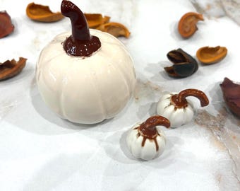 Handmade White Glazed Ceramic Pumpkin Set, Fall Halloween Decorations (3 Piece) # 25