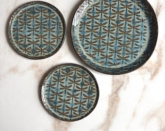 Handmade Ceramic dragonfly Condiment serving Tapas Set Of 3 Plates