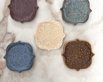 Handmade Ceramic Trinket Dish: Flower Design Pottery, Soap / Pill Dish