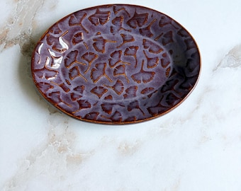 Handmade Ceramic Ring Dish: Antique Purple Ginkgo Leaf Design