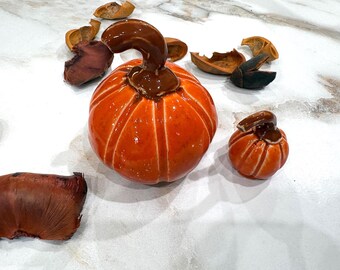 Handmade Glazed Ceramic Pumpkin Set, Fall Halloween Decorations (2 Piece) # 10
