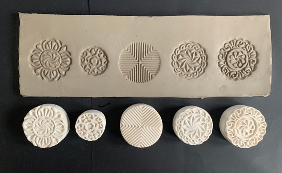 Ceramic Stamps , 5 Large Clay Stamps , Handmade Bisque Stamp PMC Stamp,  Pottery Texture Tool, Set 5 ,ready to Ship 
