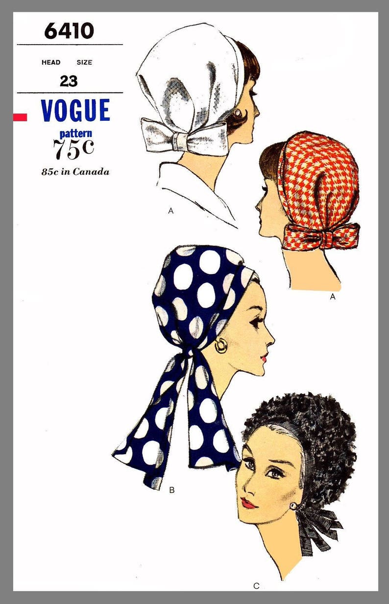 Vogue Millinery Hat Scarf Head cover Fabric material sewing pattern # 6410 Reprint Copy