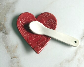 Handmade Heart Ceramic Trinket Dish: Flower Embossed Jewelry Holder