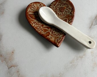 Handmade Heart Ceramic Trinket Dish: Flower Embossed Jewelry Holder