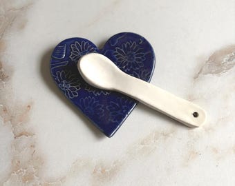 Handmade Heart Ceramic Trinket Dish: Flower Embossed Jewelry Holder Spoon Rest Valentine's Gift