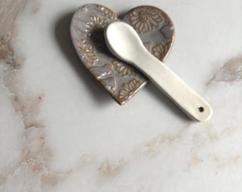 Flower Embossed Heart Trinket Dish: Handmade Ceramic Jewelry Holder