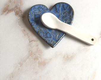 Handmade Heart Ceramic Trinket Dish: Flower Embossed Jewelry Holder Spoon Rest Valentine's Gift