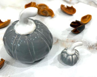 Handmade Gray Glazed Ceramic Pumpkin Set, Fall Halloween Decorations (2 Piece) # 21