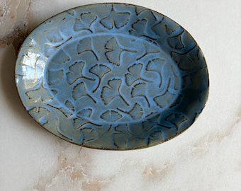 Handmade Ceramic Ring Dish: Artic Blue Ginkgo Leaf Design