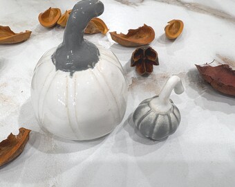Handmade White Glazed Ceramic Pumpkin Set, Fall Halloween Decorations (2 Piece) # 17
