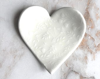 Handmade Heart Ceramic Trinket Dish: White Flower Embossed Jewelry Holder
