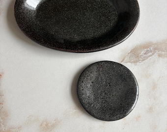 Handmade Ceramic Ring Dishes: Black Metallic Jewelry Catch-All Set
