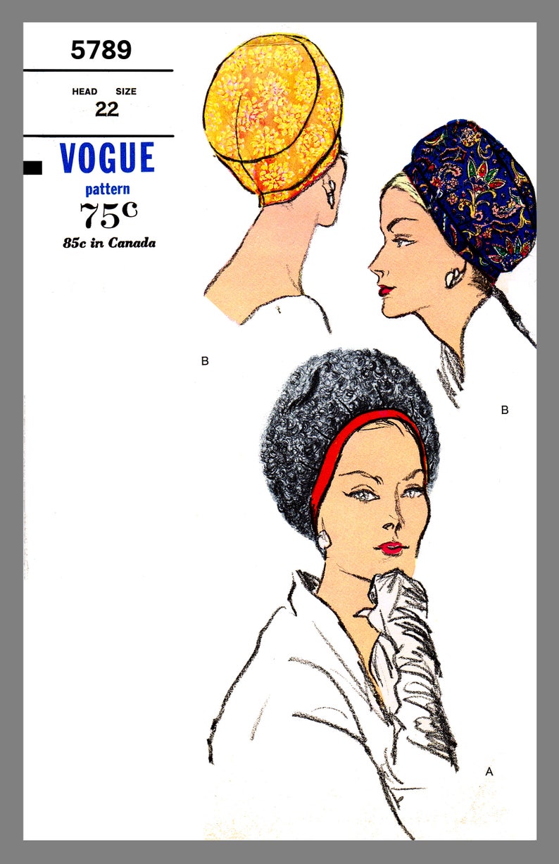 Hat Pattern Vintage Vogue Millinery Hat Cloche Material Fabric sew pattern #5789 Reprint Copy