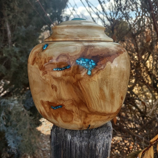 Aspen Urn with Threaded Aspen Lid / Genuine Turquoise Cabochon / Adult Ashes / Large / Cremation / Lathe-Turned / FREE SHIPPING GUARANTEED