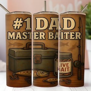 Father’s Day Tumbler Wrap, #1 Dad Master Baiter PNG, Funny Fishing Sublimation Wrap, 20 oz Skinny Tumbler, Digital Download for Dad