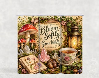 Rivestimento per bicchiere termico Cottagecore con motivo a funghi, "Brown Softly Grow Wildly" (20 oz, stampa a sublimazione sottile)