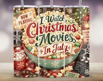 Adesivo per bicchiere a tema "Serata film di Natale", "Guardo film di Natale a luglio" (Download digitale PNG)
