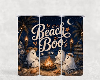 Adesivo per bicchiere a tema Halloween sulla spiaggia, falò notturno (download digitale PNG)