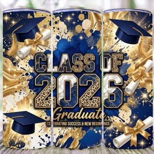 Niebiesko-złota folia na kubek dla absolwentów rocznika 2026, marmur w panterkę (plik PNG do pobrania)