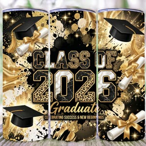 Schwarz und Gold Class of 2026 Graduate Tumbler Wrap, Leopard Marmor (PNG Digital Download)