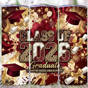 Adesivo per bicchiere termico della classe di laurea del 2026, rosso e oro, effetto marmo leopardato (download digitale PNG)
